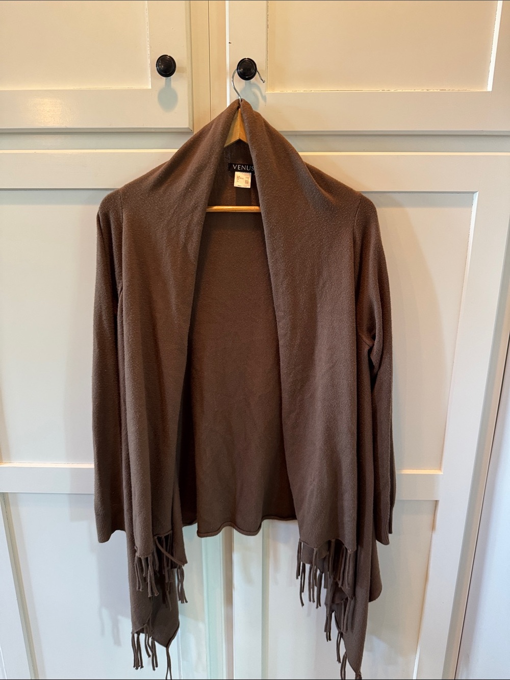 VENUS Brown Open-Front Fringe Draped Cardigan